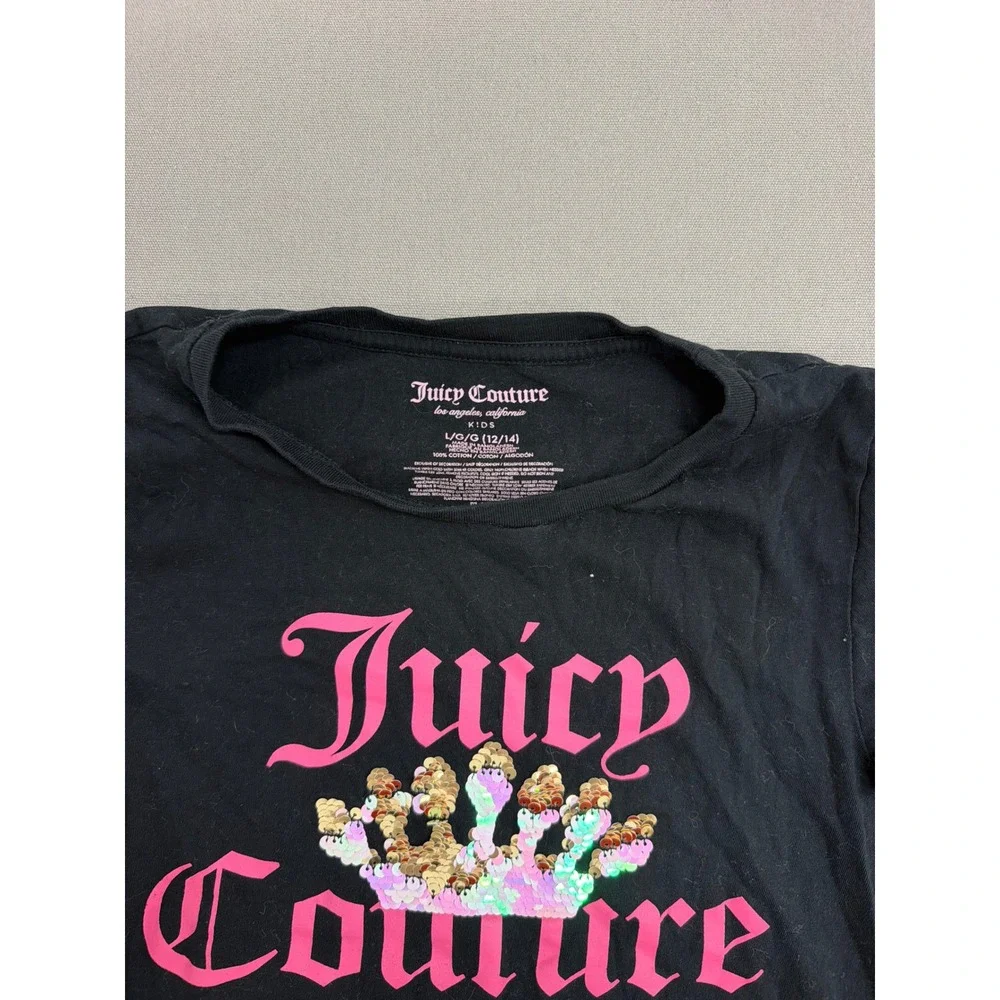 Juicy Couture Kids Girls Black Pink Sequin Crown Logo T-Shirt Size L 12/14
